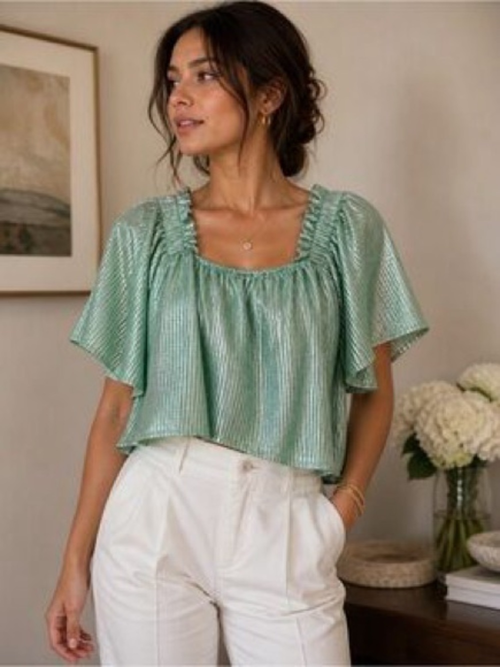 Queen of Sparkles Mint Metallic Pebble Flutter Crop Top - Size L